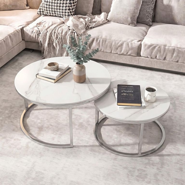 Hanson Coffee Tables - Set of 2 - Round - Italy White Sintered Stone and Chrome