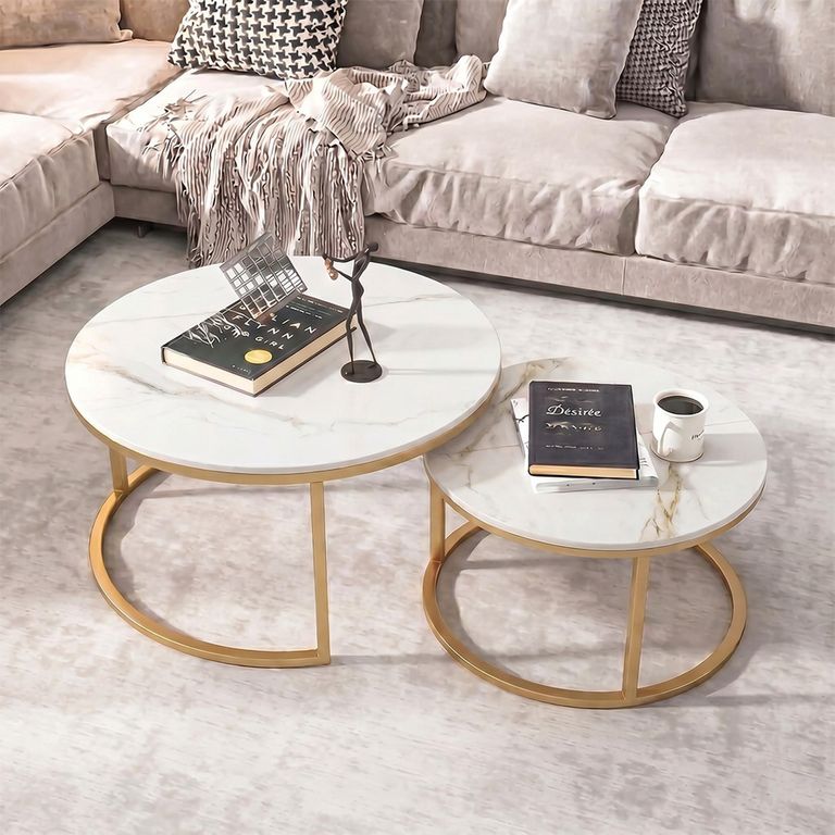 Portafino Coffee Tables - Set of 2 - Round - Kass Gold Marble Effect and Gold