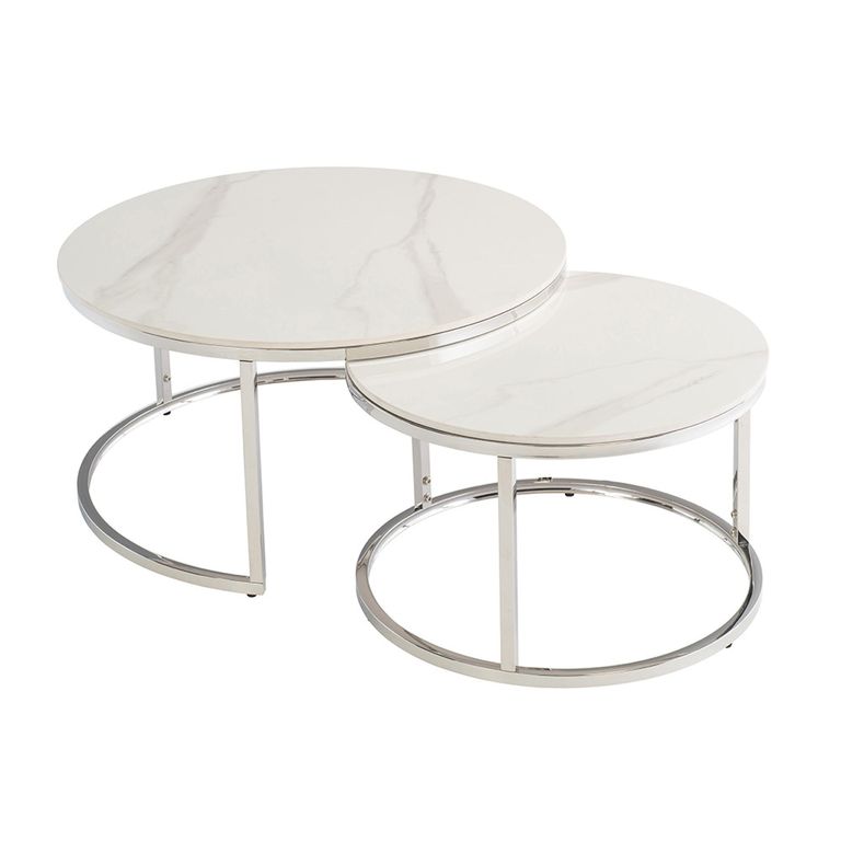 Hanson Coffee Tables - Set of 2 - Round - Italy White Sintered Stone and Chrome