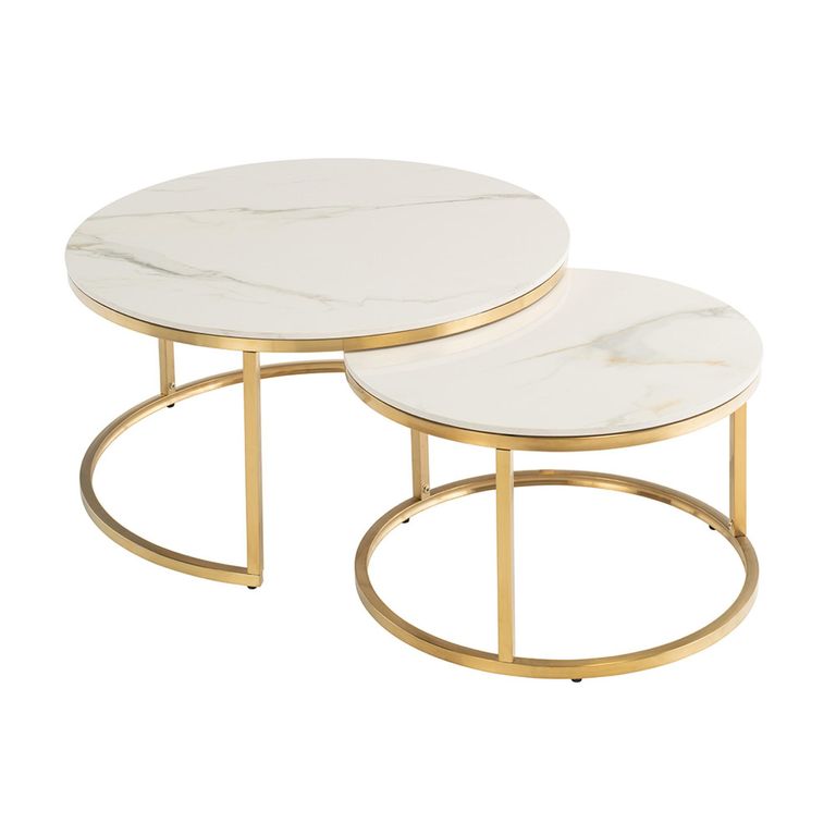 Portafino Coffee Tables - Set of 2 - Round - Kass Gold Marble Effect and Gold