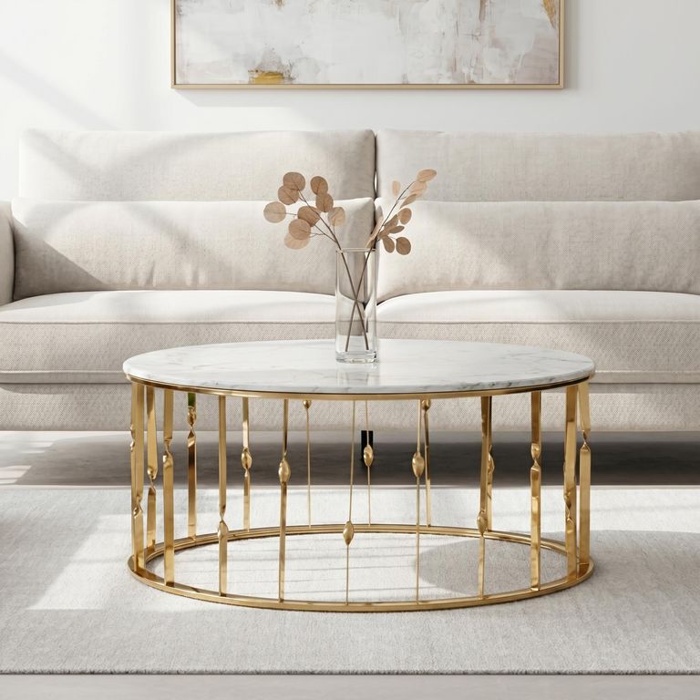 Arezzo Coffee Table - Oval - White Glass and Gold Metal