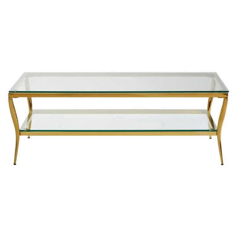 Arezzo Coffee Table - Clear Glass with Gold Metal Base - with Shelf