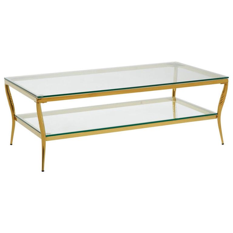 Arezzo Coffee Table - Clear Glass with Gold Metal Base - with Shelf
