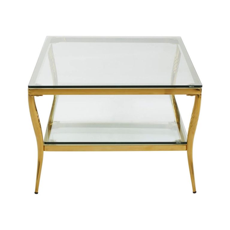 Arezzo Coffee Table - Clear Glass with Gold Metal Base - with Shelf
