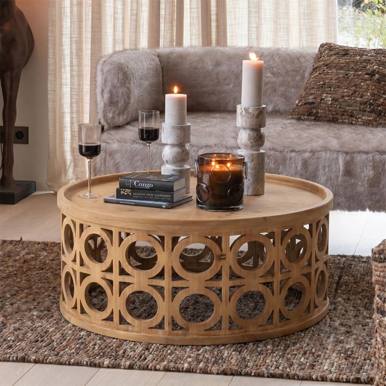 Carving Coffee Table - Round - Natural - Fir Wood