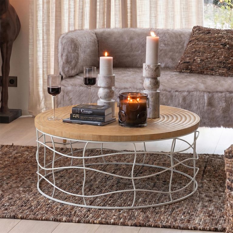 Carving Coffee Table - Round - Natural and White - Pine Wood and Metal