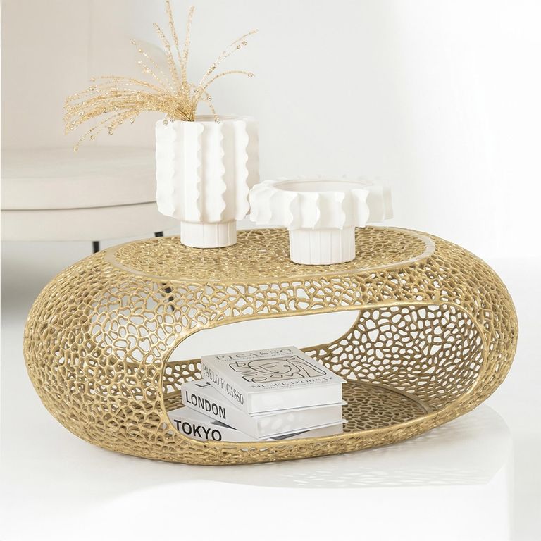 Coffee Table - Oval - Large - Gold Fretwork - Aluminium