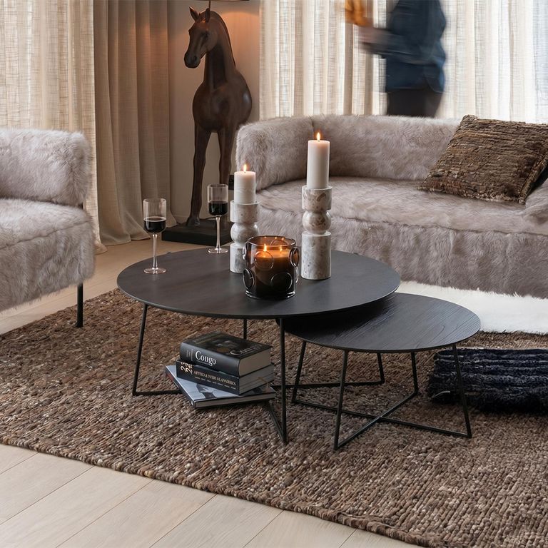 Coffee Table - Round - 2 Tier - Black - Teak Wood and Metal