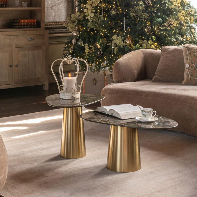 Coffee Table - Set of 2 - Cone Base - Bronze and Taupe - Marble Effect and Metal
