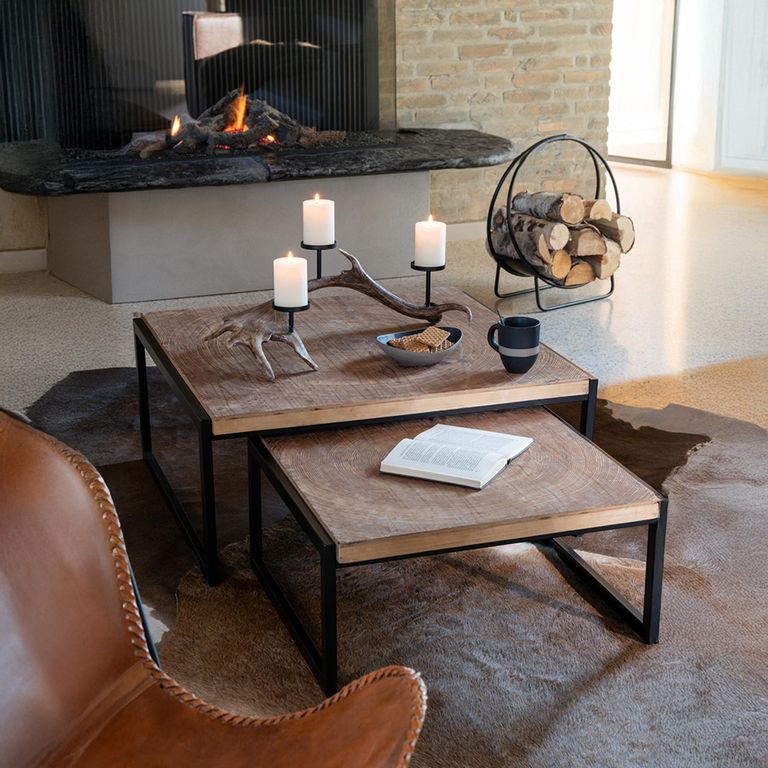 Dos Coffee Table - 2 Tier - Natural and Black - Wood and Metal