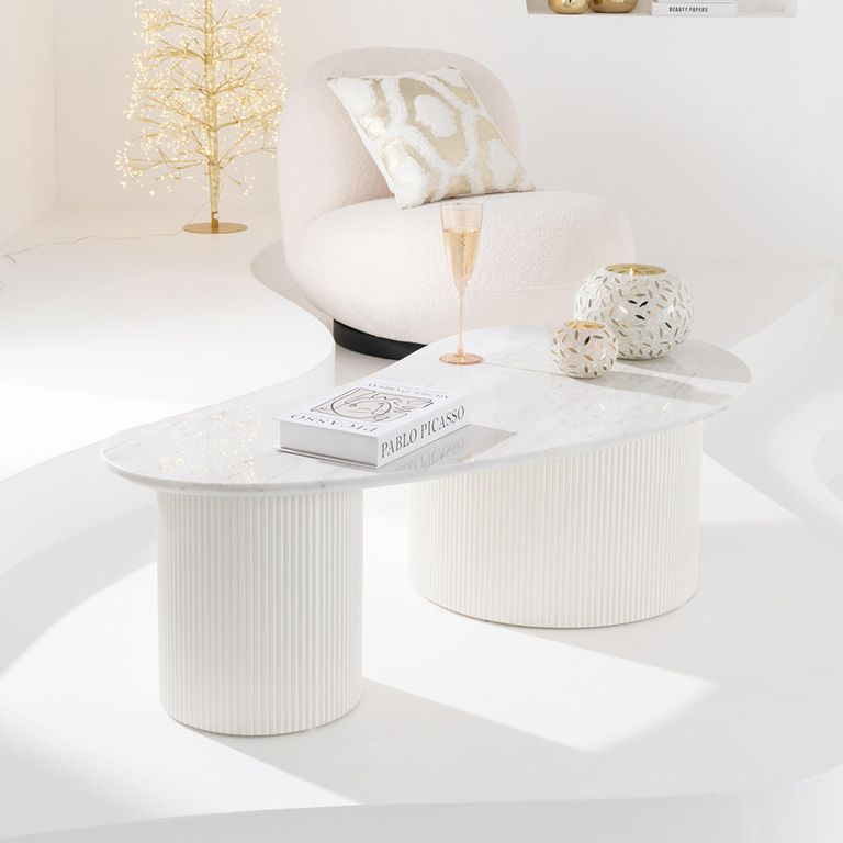 Fluted Coffee Table - Kidney Shape - Large - White - Marble