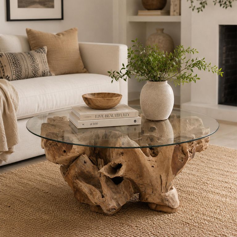 Raoul Coffee Table - Round - Large - Natural - Glass and Teak Wood