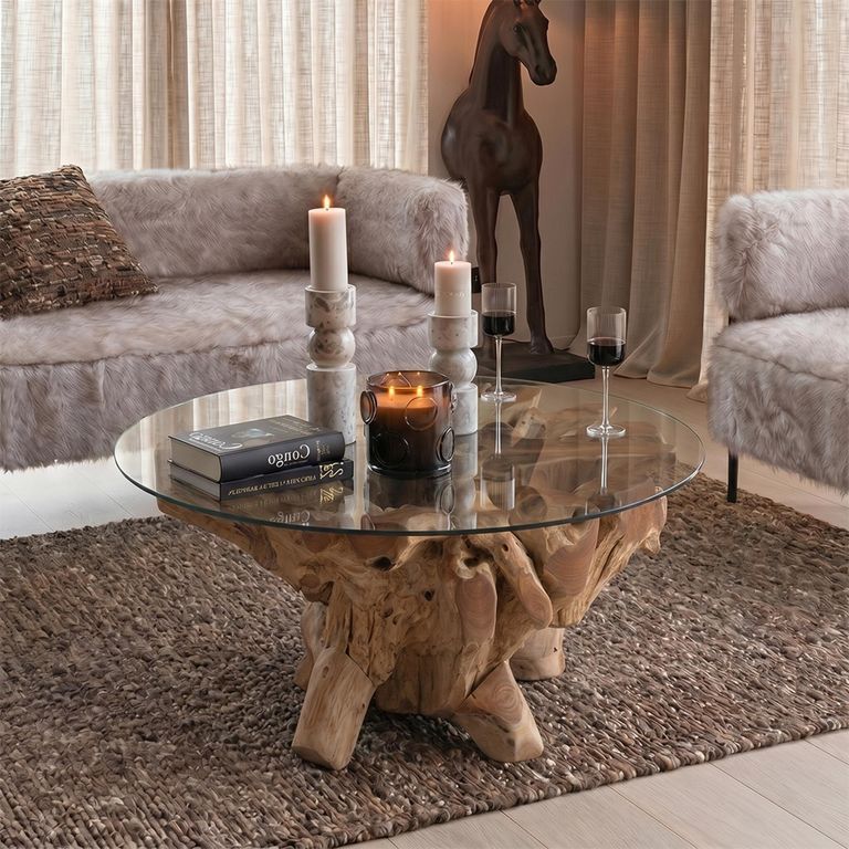 Raoul Coffee Table - Round - Small - Natural - Glass and Teak Wood