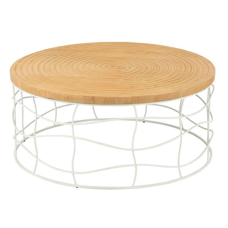 Carving Coffee Table - Round - Natural and White - Pine Wood and Metal