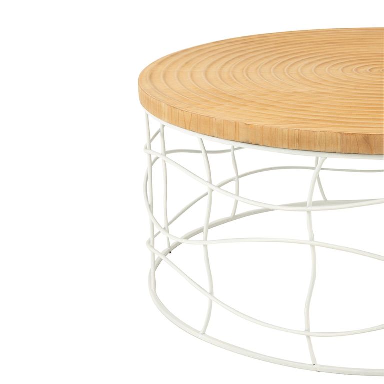 Carving Coffee Table - Round - Natural and White - Pine Wood and Metal