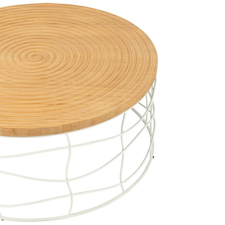 Carving Coffee Table - Round - Natural and White - Pine Wood and Metal