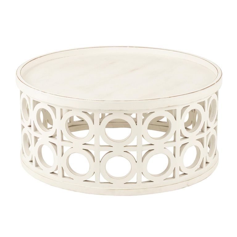 Carving Coffee Table - Round - White - Fir Wood