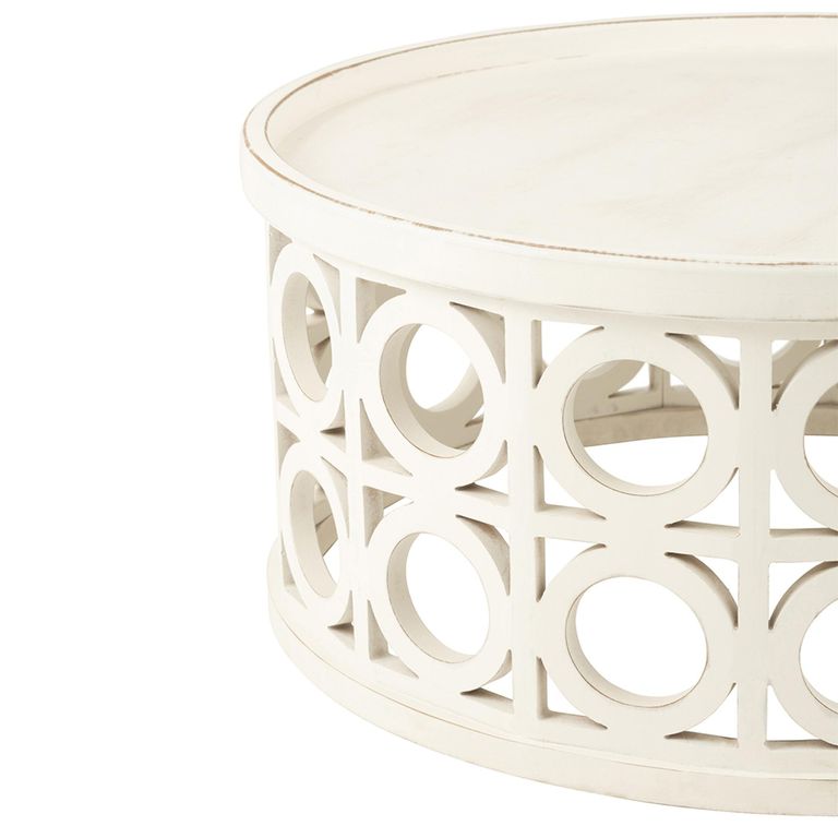Carving Coffee Table - Round - White - Fir Wood