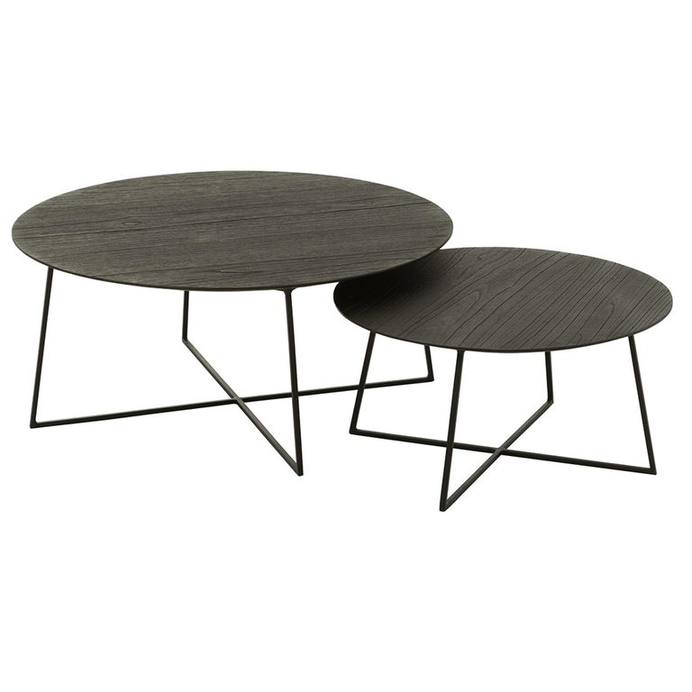 Coffee Table - Round - 2 Tier - Black - Teak Wood and Metal