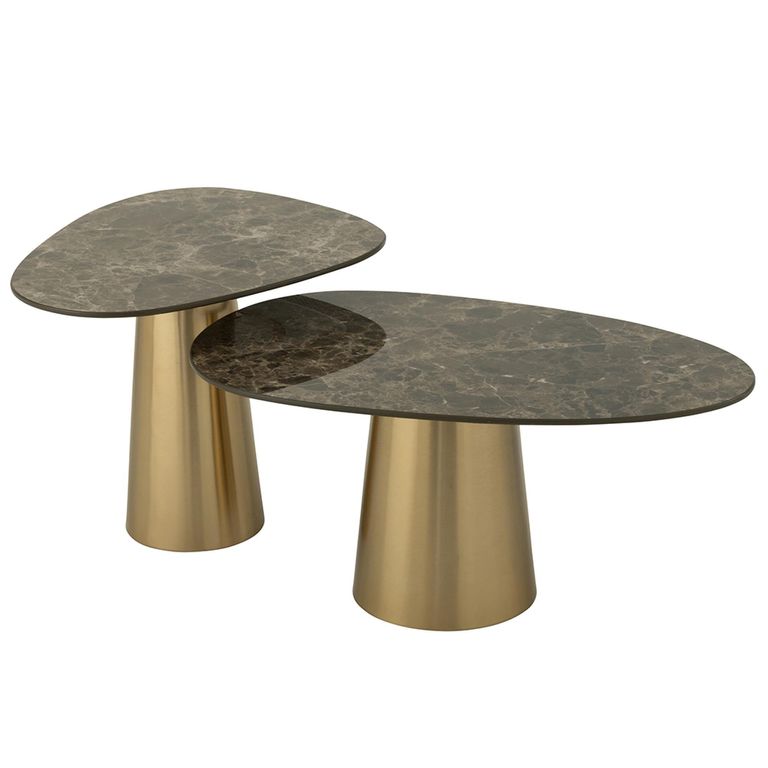 Coffee Table - Set of 2 - Cone Base - Bronze and Taupe - Marble Effect and Metal