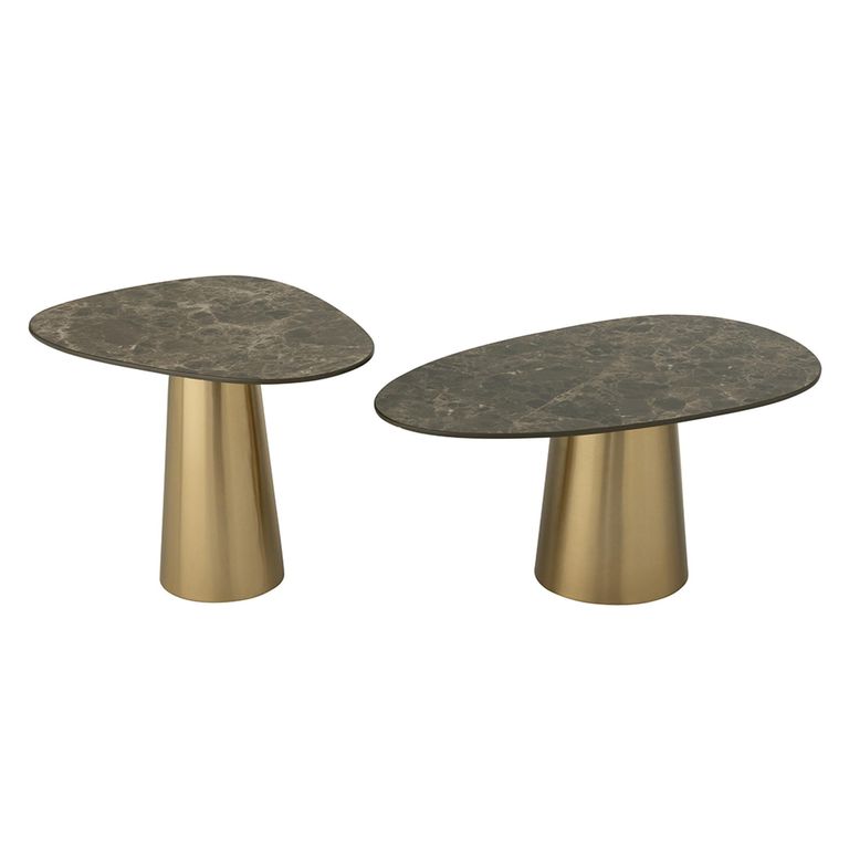 Coffee Table - Set of 2 - Cone Base - Bronze and Taupe - Marble Effect and Metal