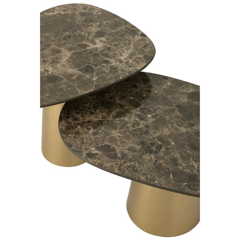 Coffee Table - Set of 2 - Cone Base - Bronze and Taupe - Marble Effect and Metal