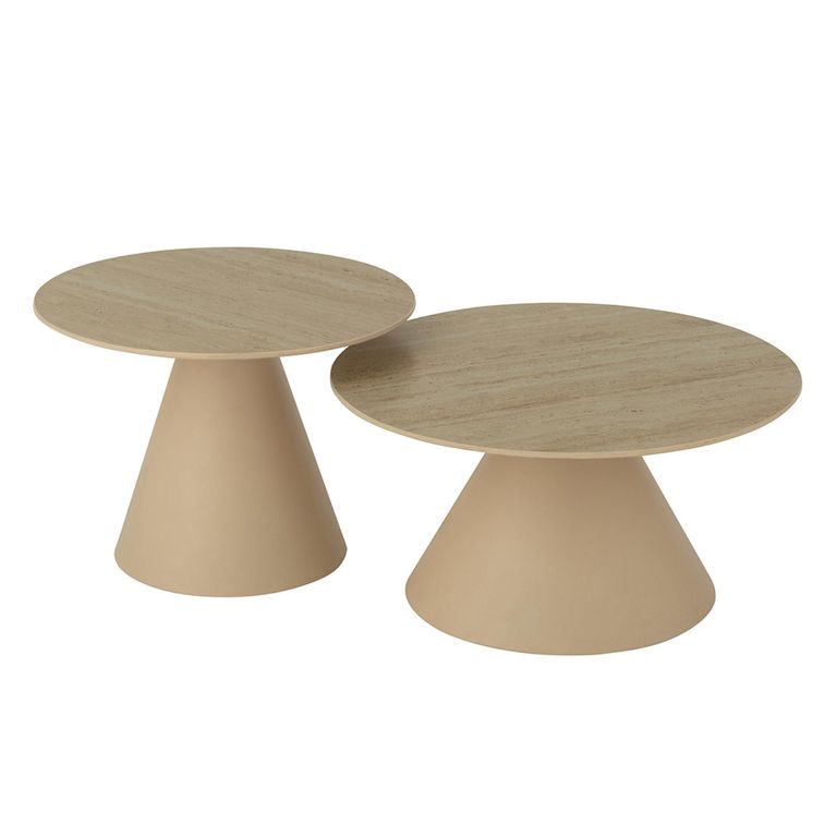 Coffee Table - Round - Set of 2 - Cone Base - Ecru and Beige - Metal