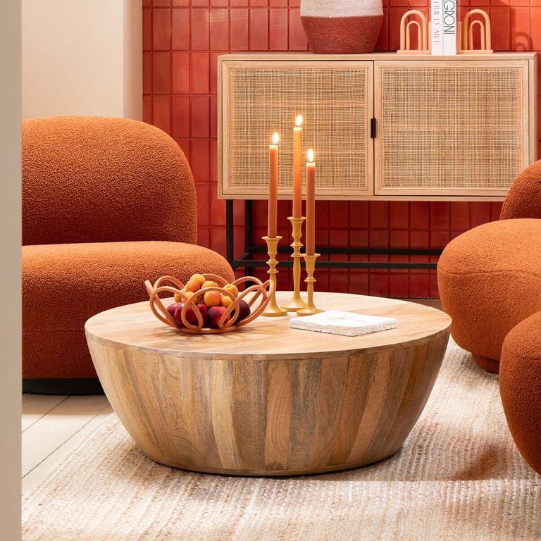 Camille Coffee Table - Round - Drum Base - Natural - Mango Wood
