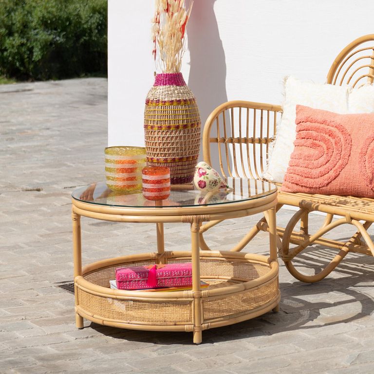 Jovelyne Outdoor Coffee Table - Round - Natural - Rattan and Glass