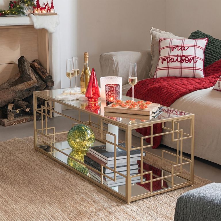 Lines Coffee Table - Narrow - Cage Base - Gold - Mirrored and Metal