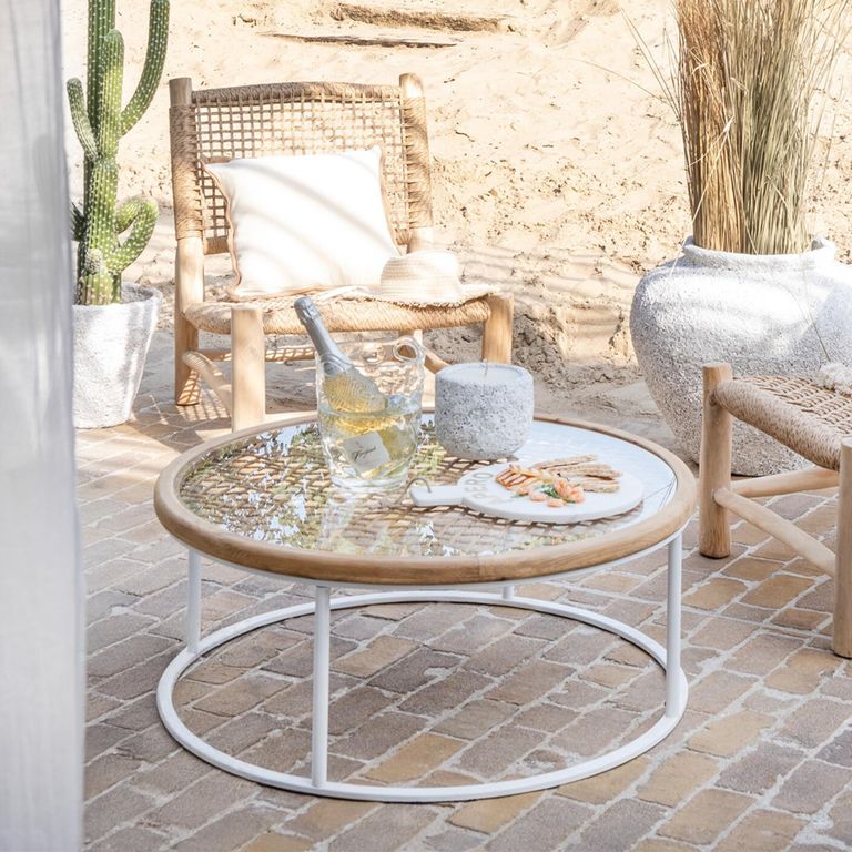 Mati Outdoor Coffee Table - Round - Natural and White - Glass and Metal