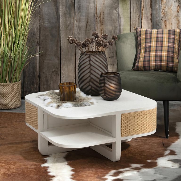 Molly Exotic Coffee Table - Storage - Square - White and Natural - Rattan and Wood