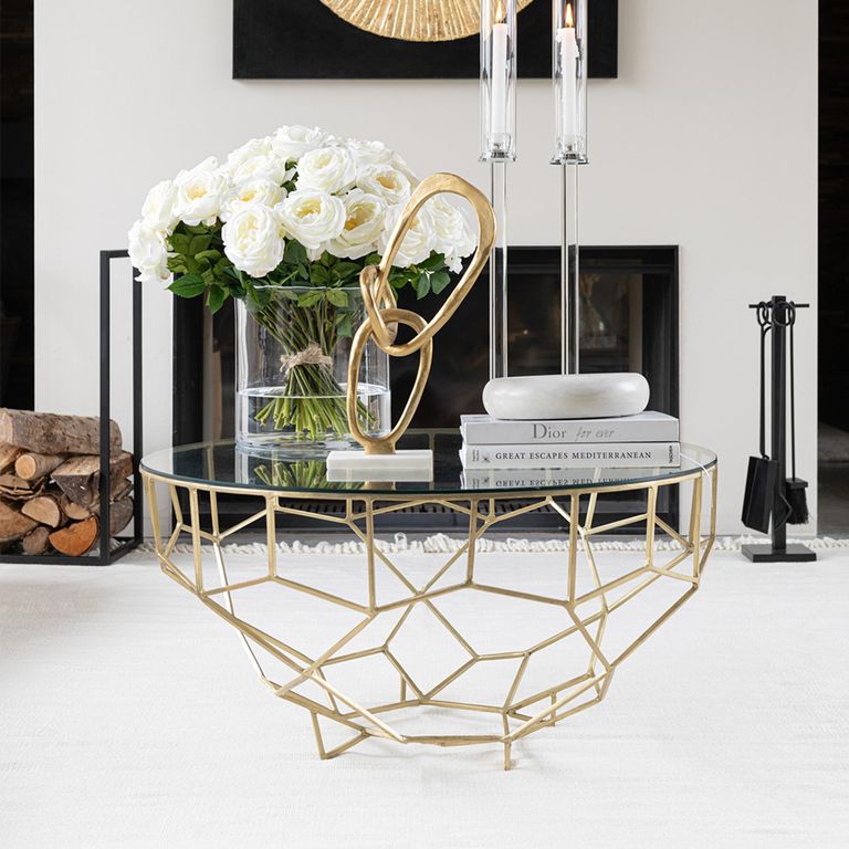 Moza Coffee Table - Round - Large - Geometric Design - Gold - Glass and Metal