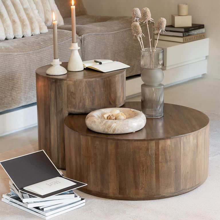 Toge Coffee Table - Round - 2 Tier - Brown - Mango Wood