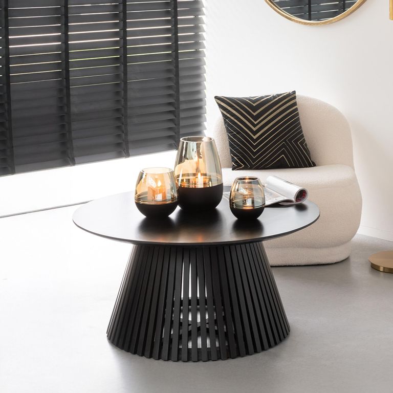 Vincent Coffee Table - Round - Slatted - Black - Mango Wood