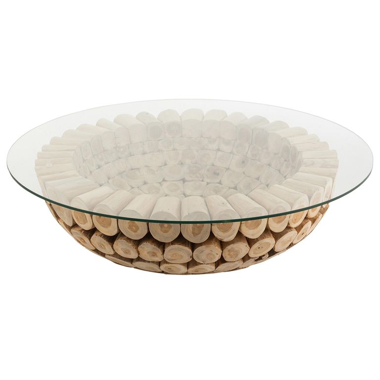 Discs Open Coffee Table - Round - Large - Natural - Glass and Teak Wood