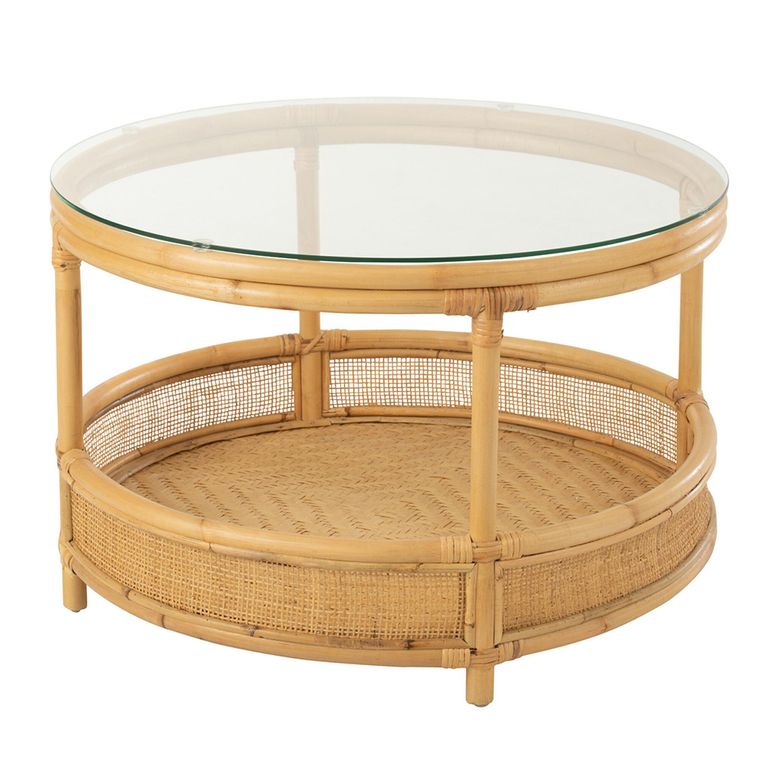 Jovelyne Outdoor Coffee Table - Round - Natural - Rattan and Glass