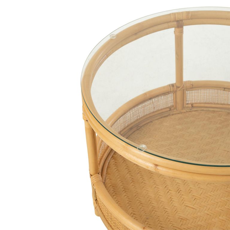 Jovelyne Outdoor Coffee Table - Round - Natural - Rattan and Glass