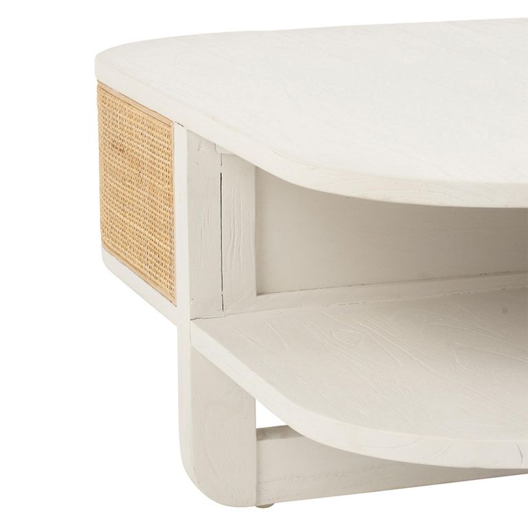 Molly Exotic Coffee Table - Storage - Square - White and Natural - Rattan and Wood
