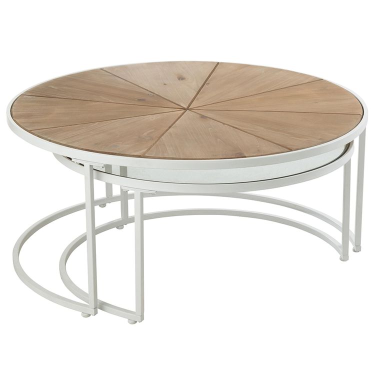 Relax Coffee Table - Round - 2 Tier - Natural and White Metal - Glass and Wood