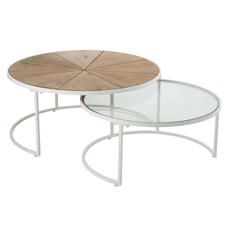 Relax Coffee Table - Round - 2 Tier - Natural and White Metal - Glass and Wood