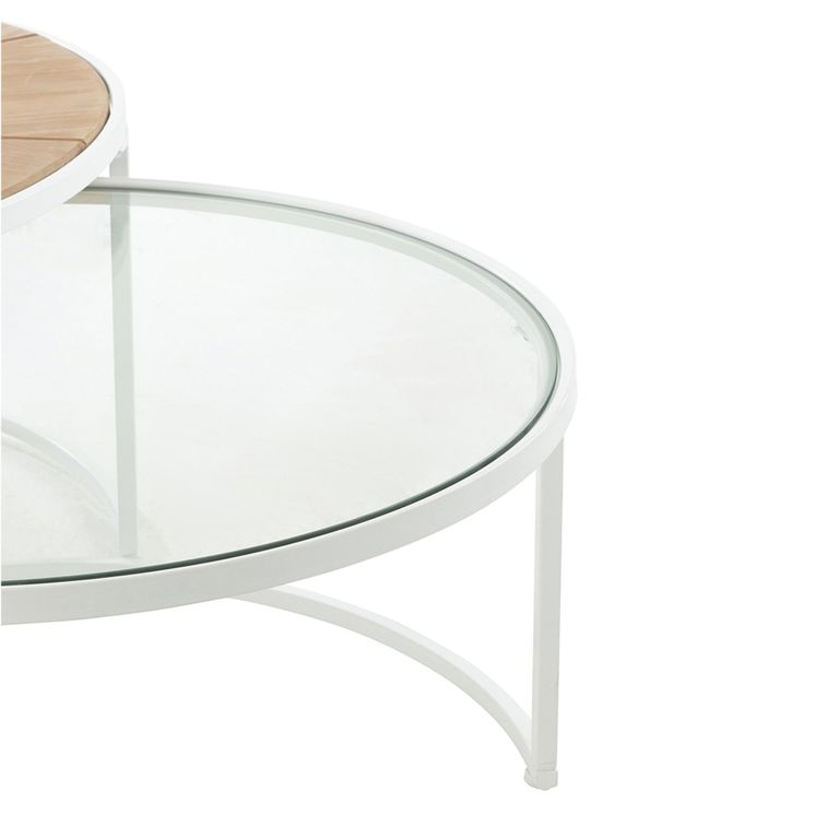 Relax Coffee Table - Round - 2 Tier - Natural and White Metal - Glass and Wood