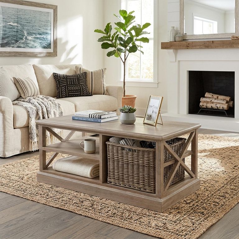 Coffee Table - Storage - Large - 1 Rattan Basket - Grey Wood