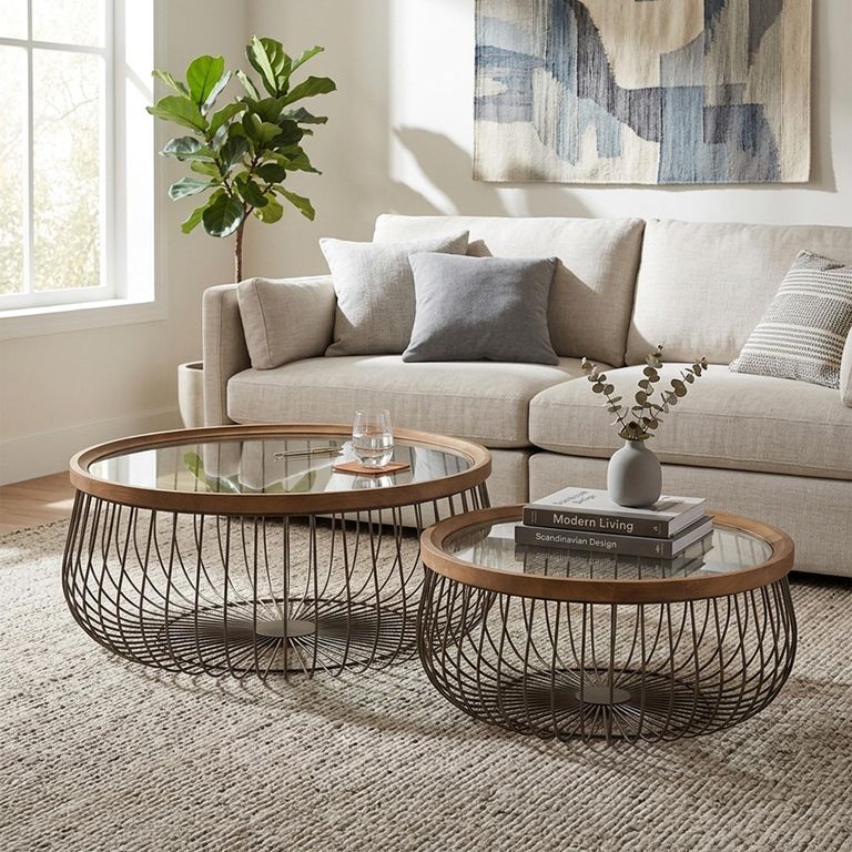 Coffee Table - Round - Set of 2 - Cage Base - Black - Glass and Metal