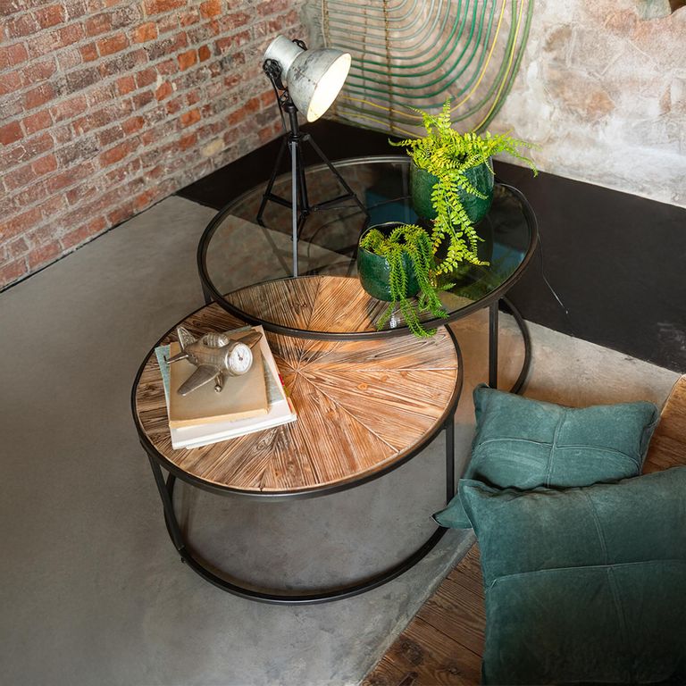 Coffee Table - Round - 2 Tier - Black Metal - Mirrored and Wood