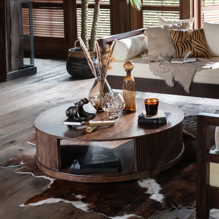 Reyi Fluted Coffe Table - Storage - Round - Large - On Wheels - Dark Brown - Mango Wood