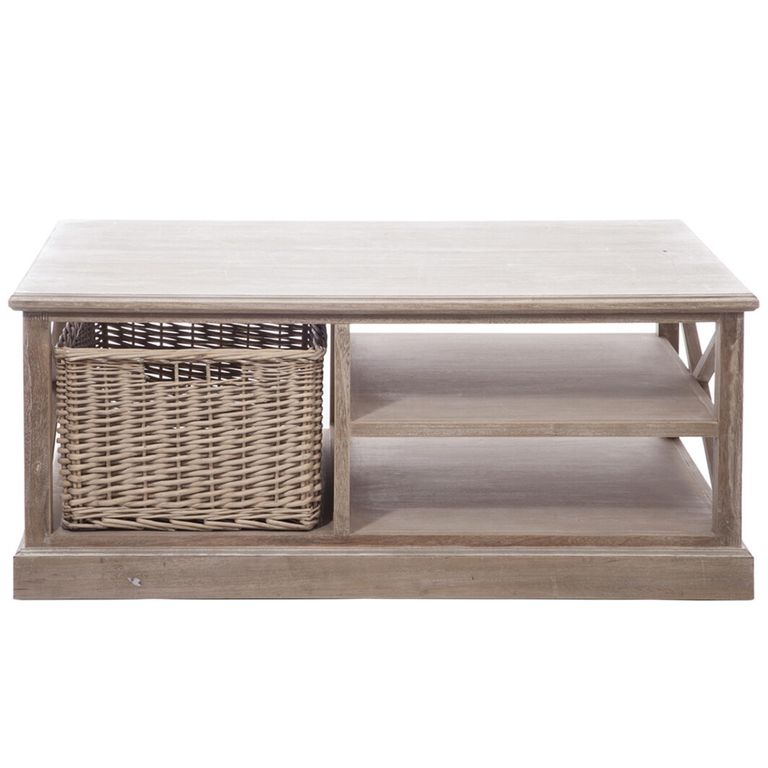 Coffee Table - Storage - Large - 1 Rattan Basket - Grey Wood