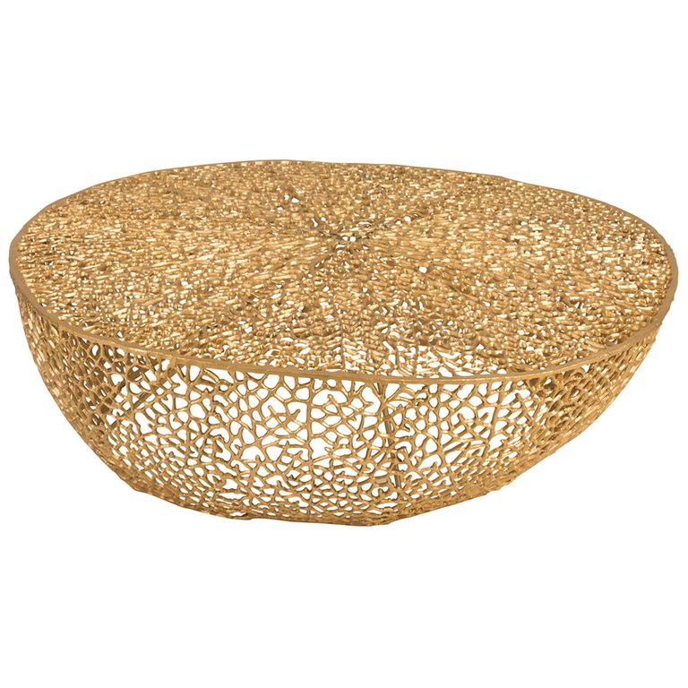 Coffee Table - Round - Low - Coral Pattern - Gold Fretwork - Aluminium