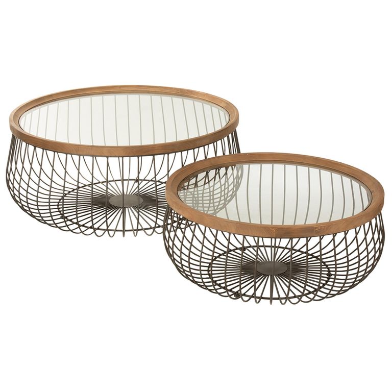 Coffee Table - Round - Set of 2 - Cage Base - Black - Glass and Metal