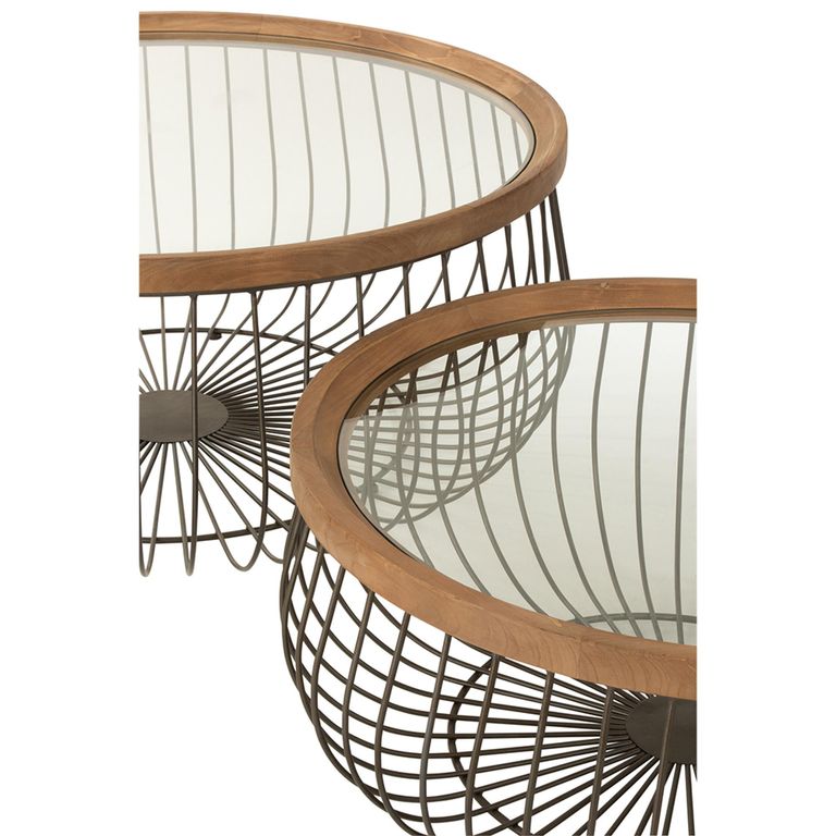 Coffee Table - Round - Set of 2 - Cage Base - Black - Glass and Metal